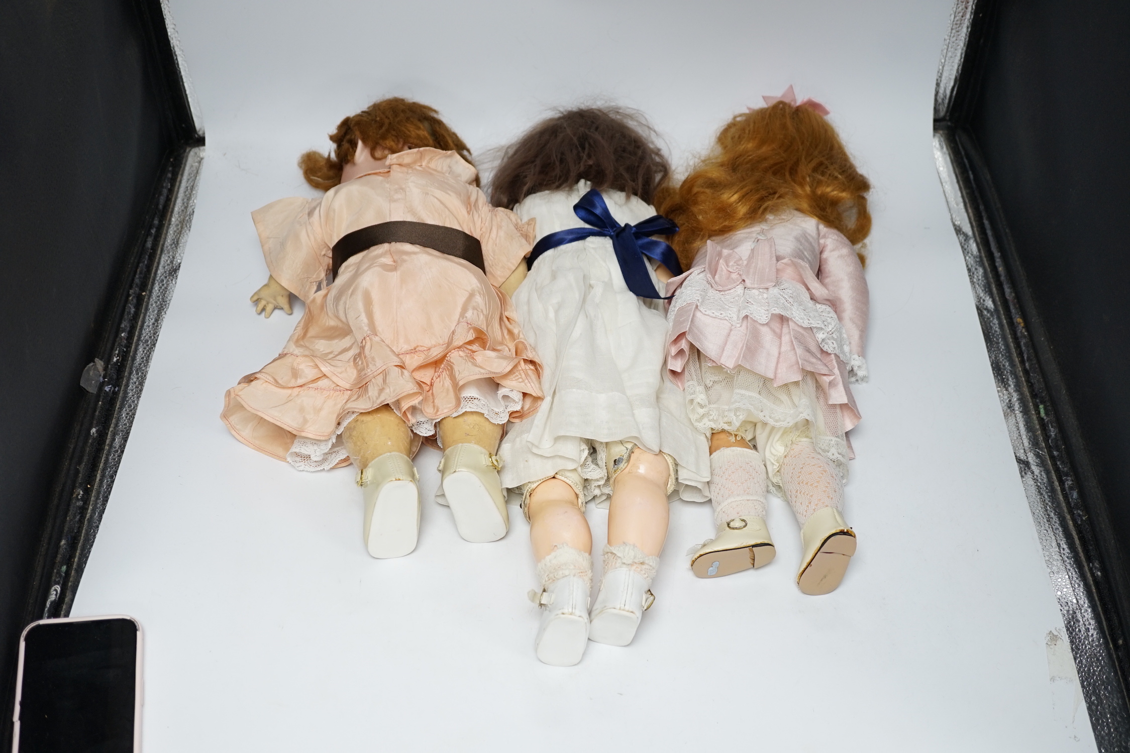 A Carl Harmus 660 Toddler body, 45cm, missing teeth, a Heubach Köppelsdorf 275 leather body, 45cm, and a Seyfarth & Reinhardt Sur, 45cm, all good condition